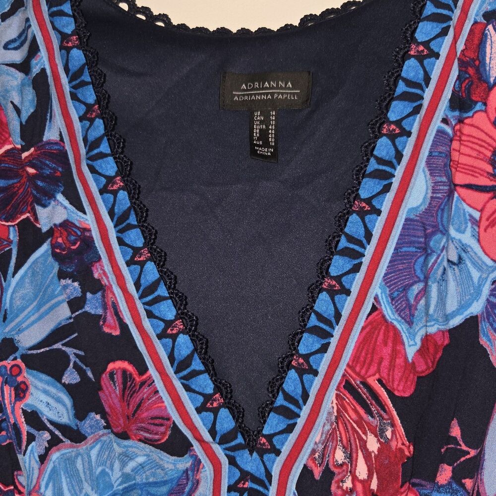 Adrianna Papell Boho Floral‎ Multi Midi Dress Sz14 Smocked Waist Flutter Sleeve - Picture 12 of 14